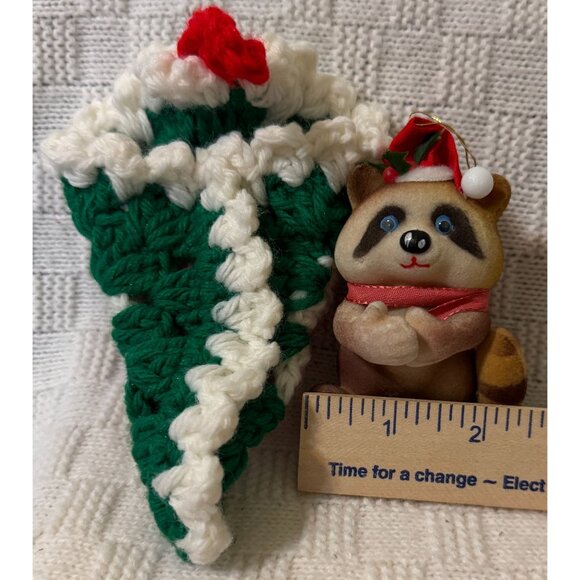 VTG Flocked Christmas Raccoon in Handmade Crochet Pouch in Red, Green & White - Picture 8 of 8
